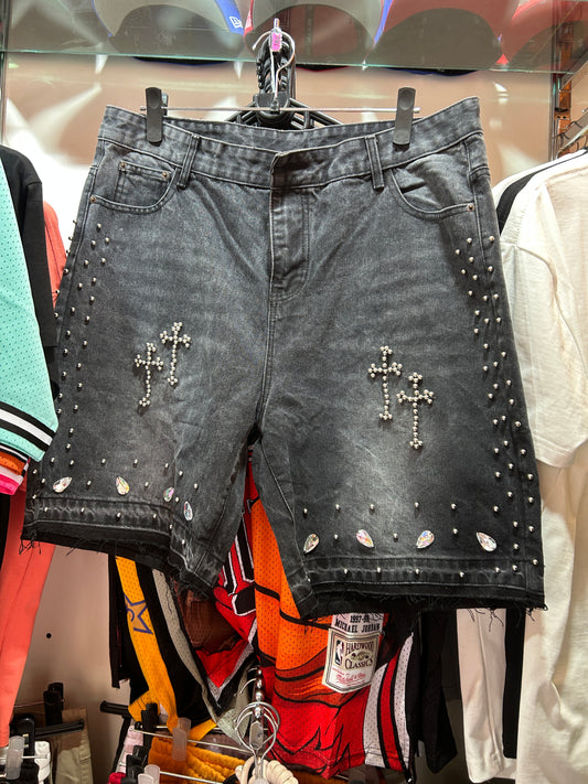 Rhinestone cross denim jorts