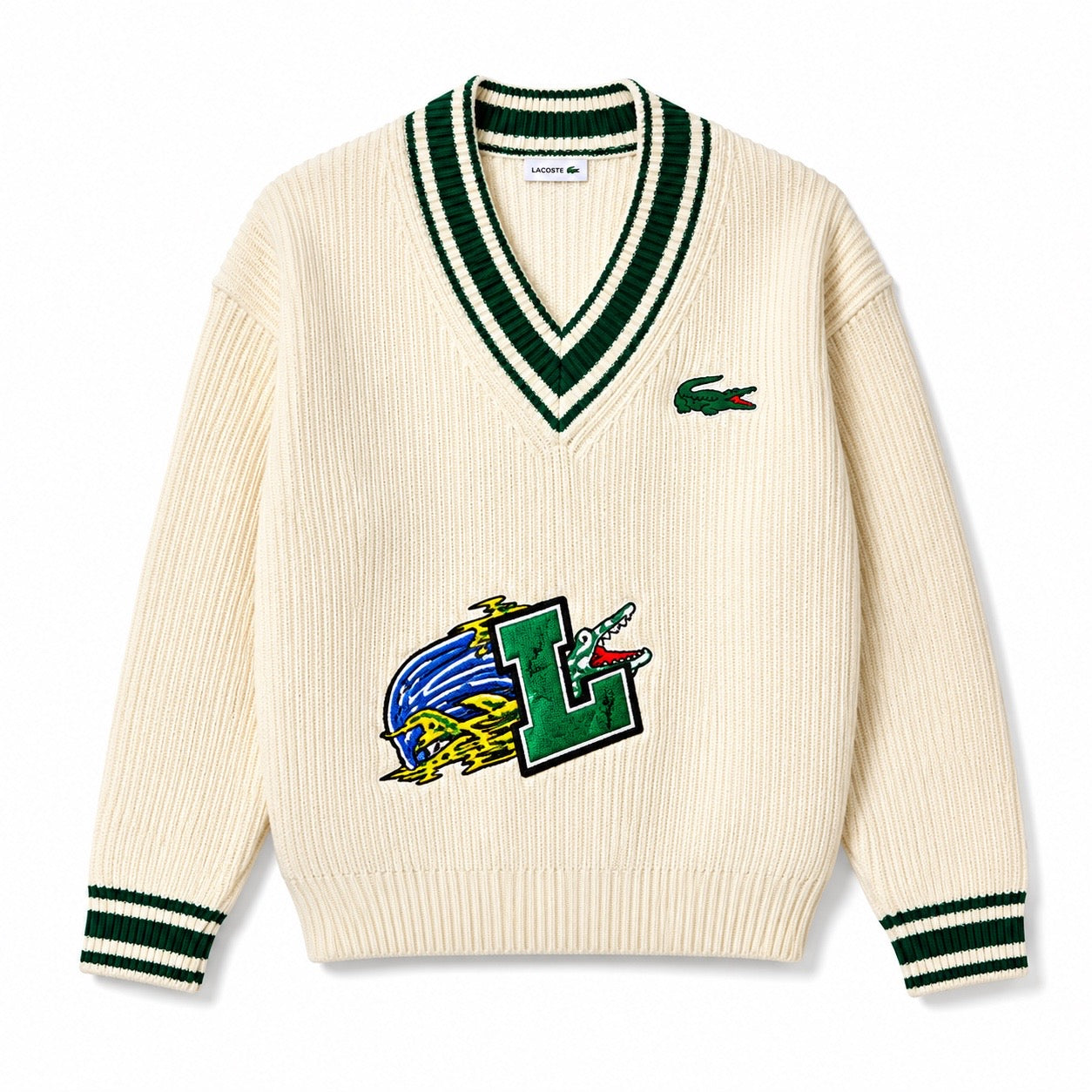 Lacoste Premium V-Neck Knit Sweater Cream Green